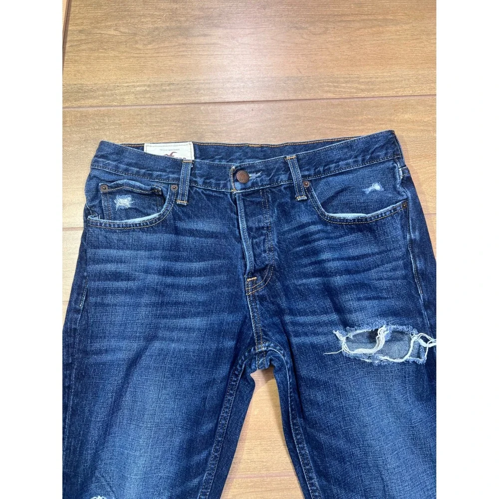 Hollister Mens Jeans Dark Wash Slim‎ Fit Button Fly Distressed Size 34x34/33